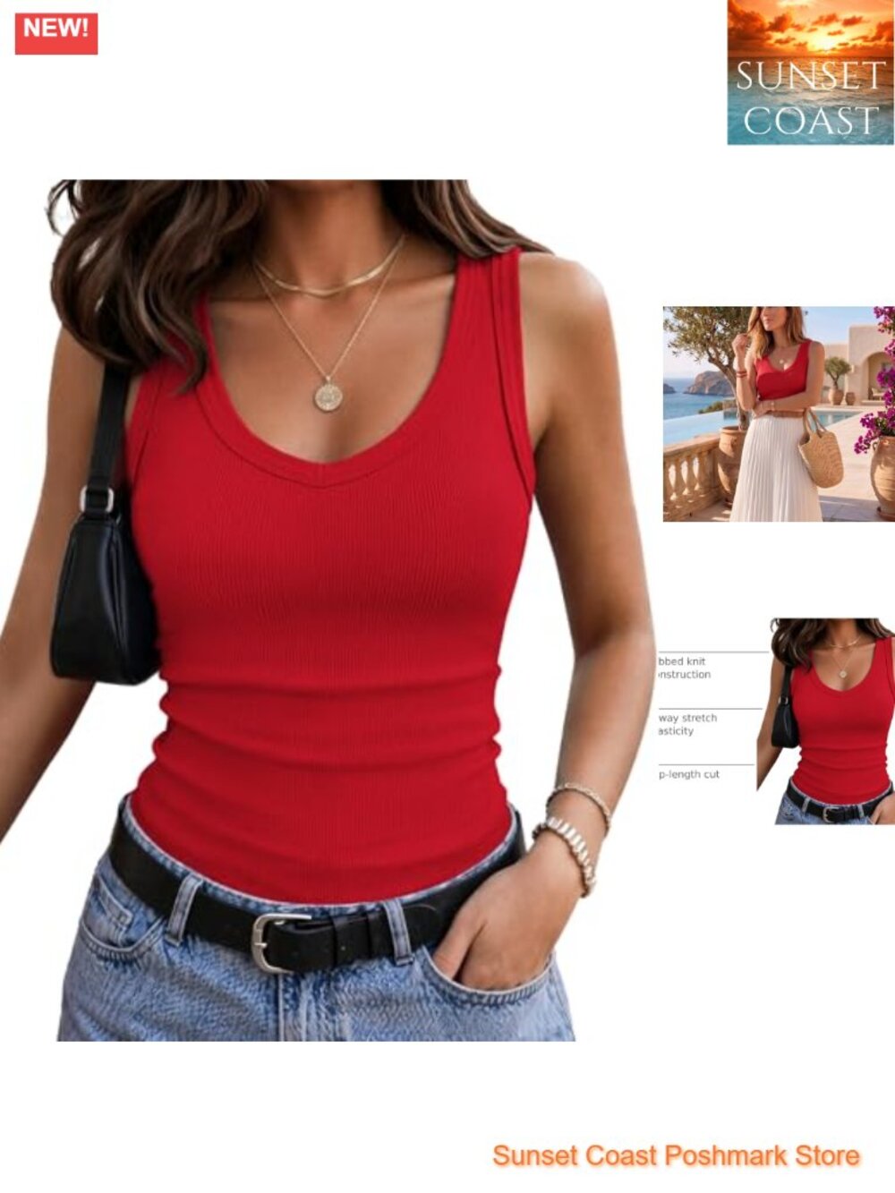 Ribbed Knit V Neck Slim Fit Sleeveless Tank Top